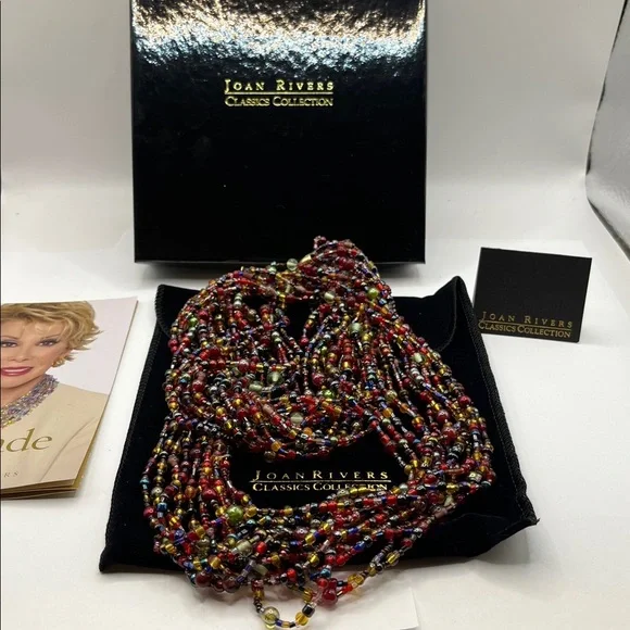 Vintage Joan Rivers Glass Gold Tone Jewel Tone 12 Multistrand Beaded Necklace